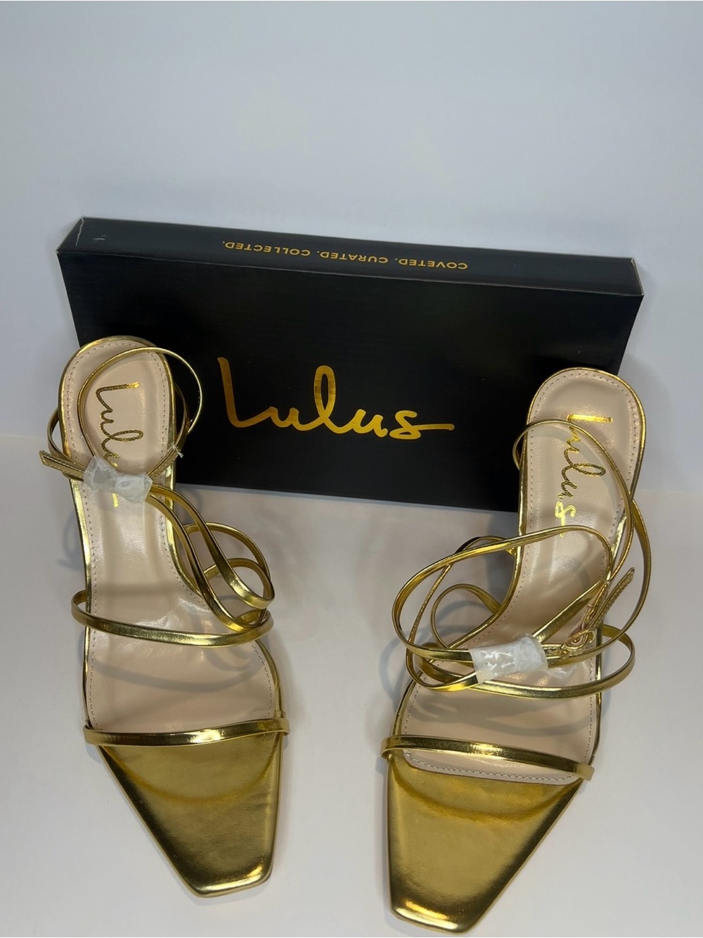 Lulu's Metallic Gold Strappy Square-Toe High Heels